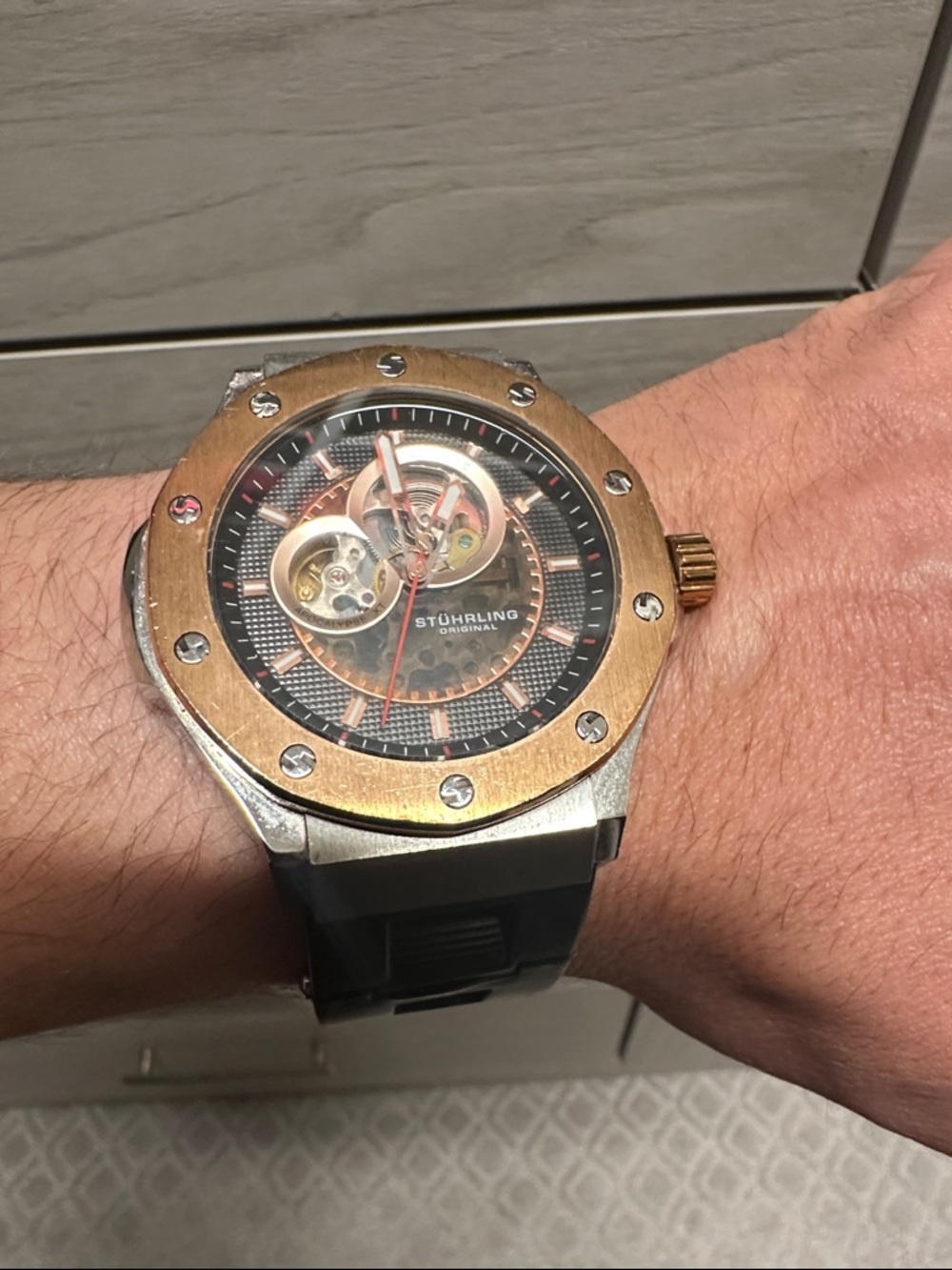 Stuhrling Original Men’s Rose Gold & Silver Skeleton Dial Watch